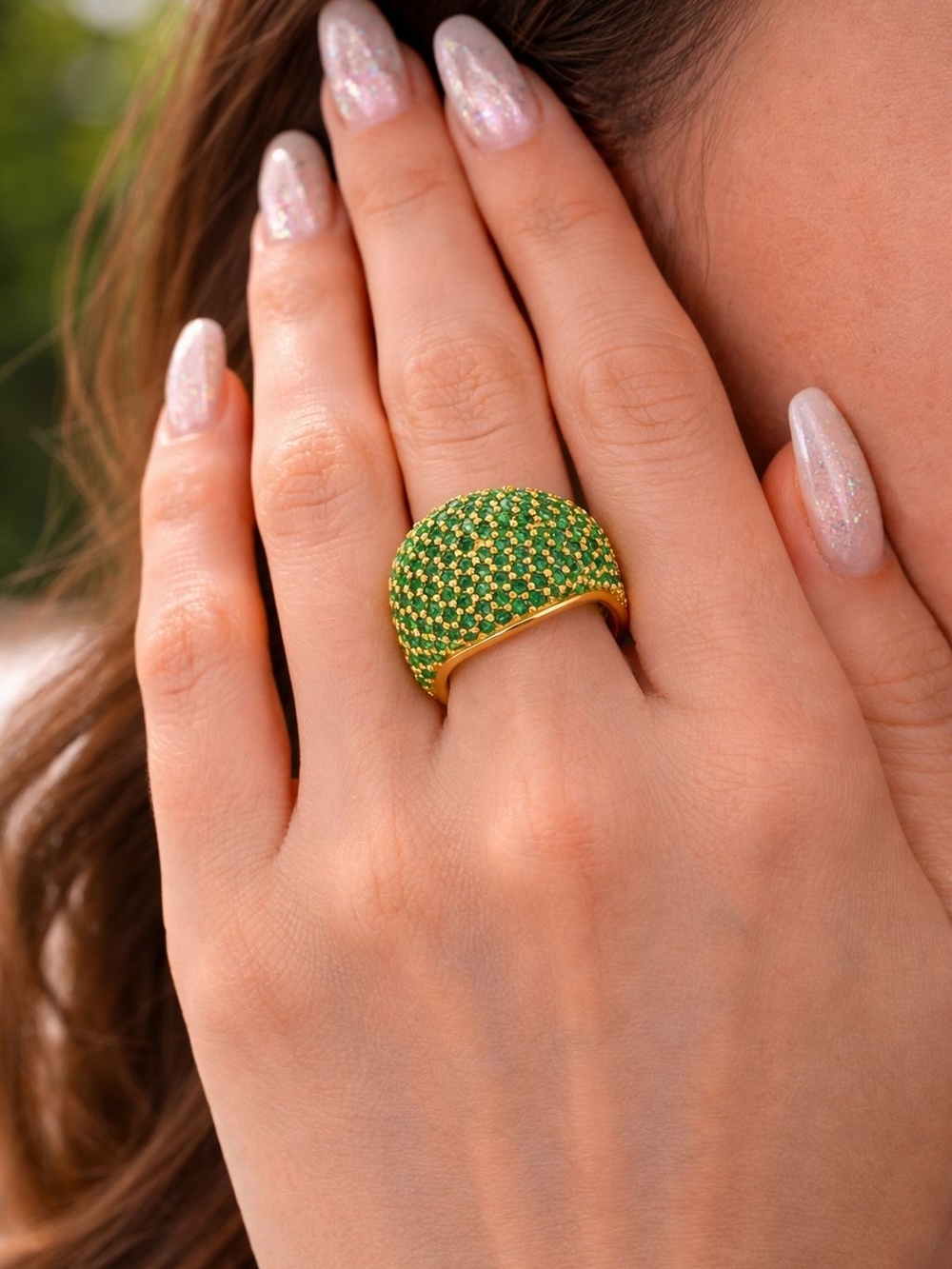 Gold Dome Ring with Emerald Green Pavé - Picture 3 of 5